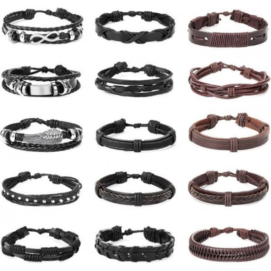 15pcs Braided Leather Bracelet For Men Women Cuff Wrap Bracelet Ethnic Tribal Bracelets Adjustable And Brown